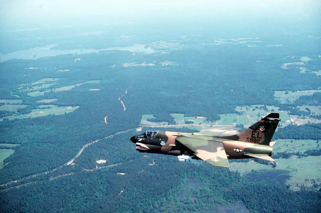 an-air-to-air-left-side-view-of-an-a-7d-corsair-ii-aircraft-over-a-range-two-e98b28